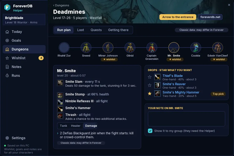 The ForeverDB Helper's run plan for the Deadmines: the bosses in order, Mr. Smite's abilities and his drops with wishlist stars