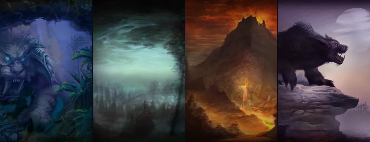 Peintures des arbres de talents du Chasseur, du Voleur, du Mage et du Druide du client WoW Forever