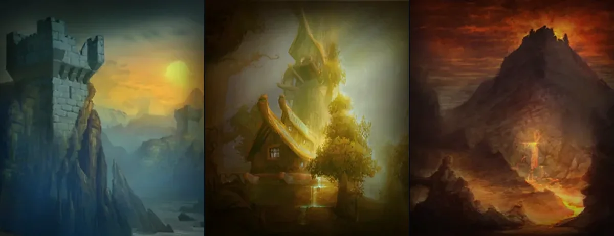 A dungeon group of tank, healer and damage dealer: the Warrior Protection, Priest Holy and Mage Fire talent tree paintings from the WoW Forever client