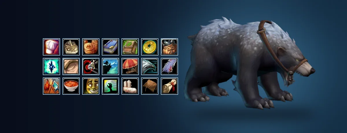 La monture Spectral Bear de la Legacy Track à côté des 21 icônes d'avantages d'héritage, tirées du client de WoW Forever