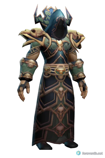 Deathmist Raiment worn by a human male, rendered from the Forever client