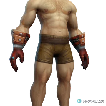 Gemmed Copper Gauntlets worn by a human male, rendered from the Forever client