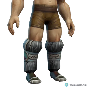 Greaves of The Five Thunders worn by a human male, rendered from the Forever client