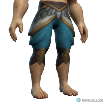 Azure Skyforged Legguards worn by a human male, rendered from the Forever client